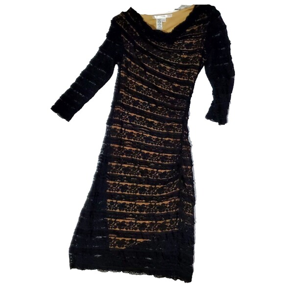 Studio M Black Lace Bodycon Dress – Nude Lining, Asymmetrical Scoop Neck, Size L - Picture 7 of 13